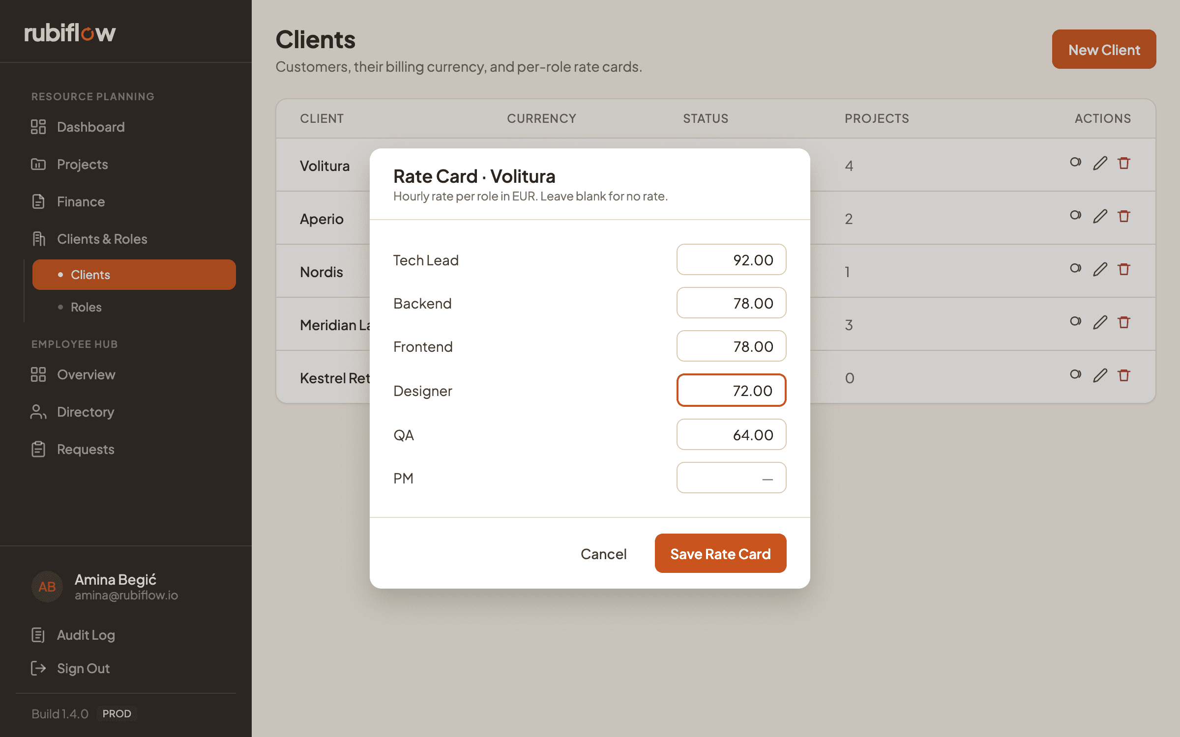 Clients list with a per-role rate card open for one customer