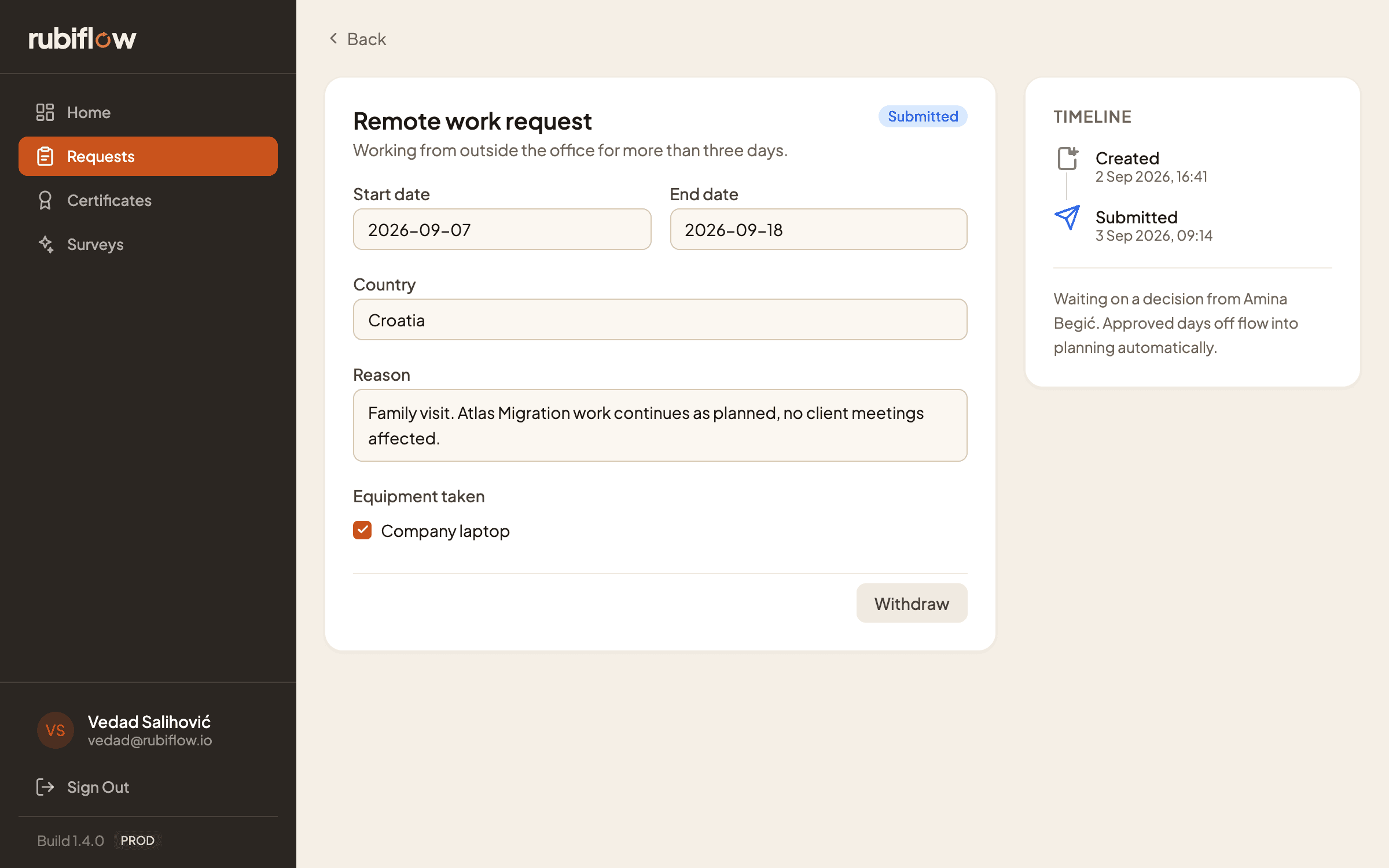 Employee portal showing a remote work request with an approval timeline